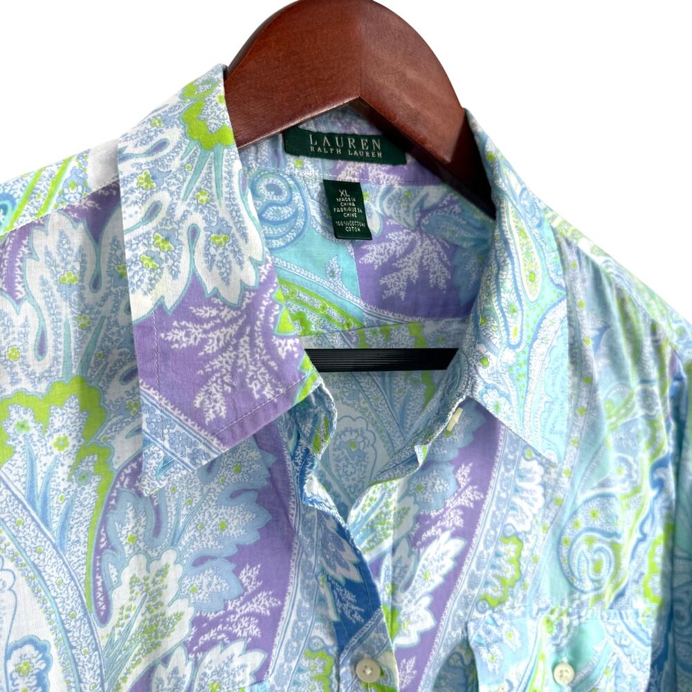 Ralph Lauren Sz XL Blue Green Tropical Lightweight Long Sleeve Blouse Shirt Top - Picture 4 of 9
